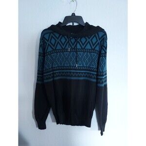 Carbon Mens Black & Blue Aztec Geometric Pullover Hooded Sweater Small
